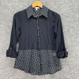 Roz & Ali Shirt Women PS Petite Black Geometric Button Up 3/4 Sleeve Collared